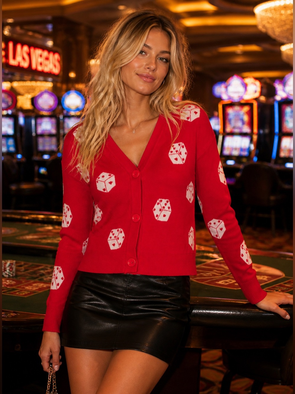 NWT Kaily K Red Dice-Print V-Neck Cardigan Sweater